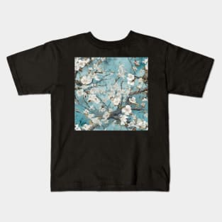 White blossom on Teal Blue Background Kids T-Shirt